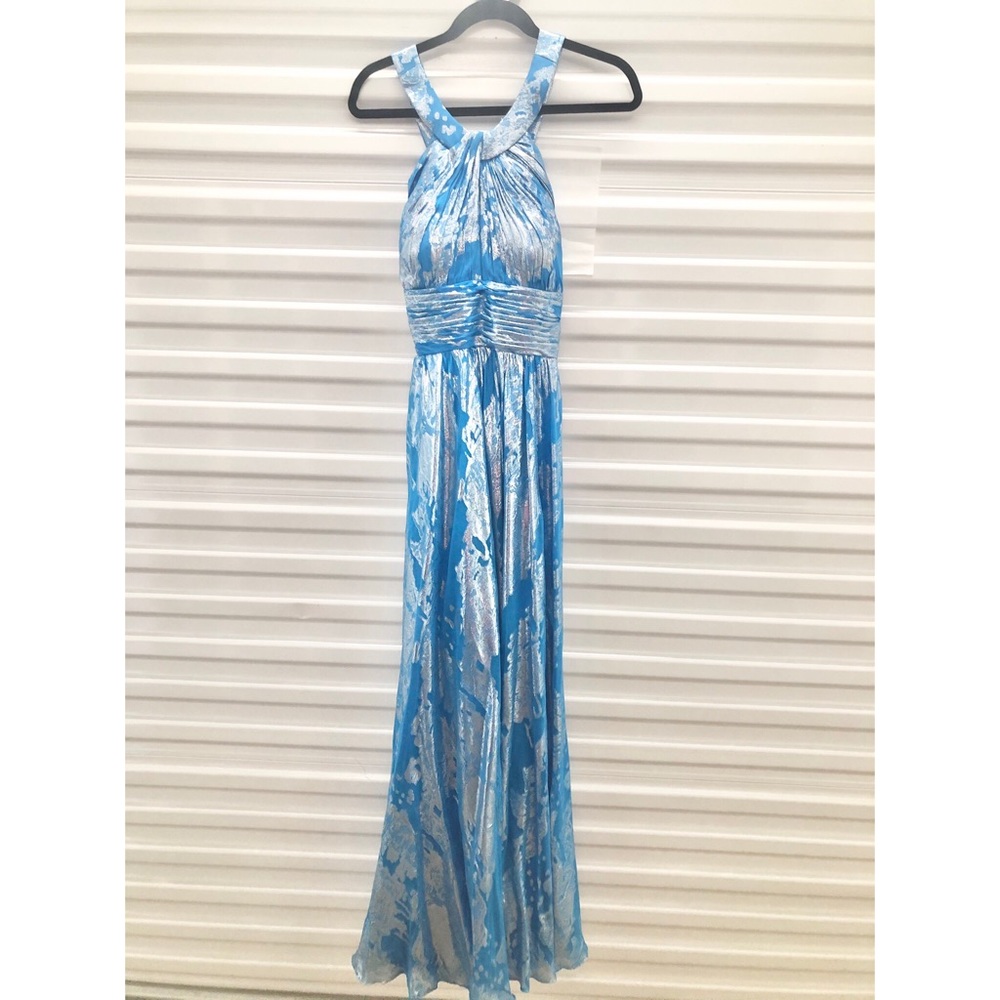 Aidan Mattox Blue and Silver Leaf Halter Gown 10